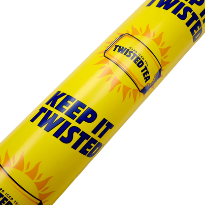 Yellow thunderstick with repeating imagery of a twisted tea can on a sun and writing "Keep it Twisted" in navy.