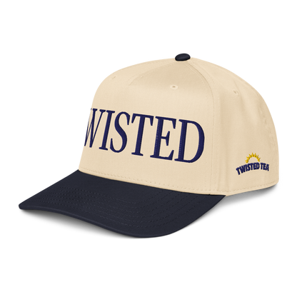 Twisted Tea baseball cap with cream crown and navy brim, featuring embroidered navy “Twisted” lettering on the front panel.