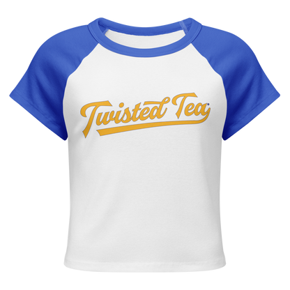 Baseball baby tee with blue sleeve and white body Twisted Tea script text