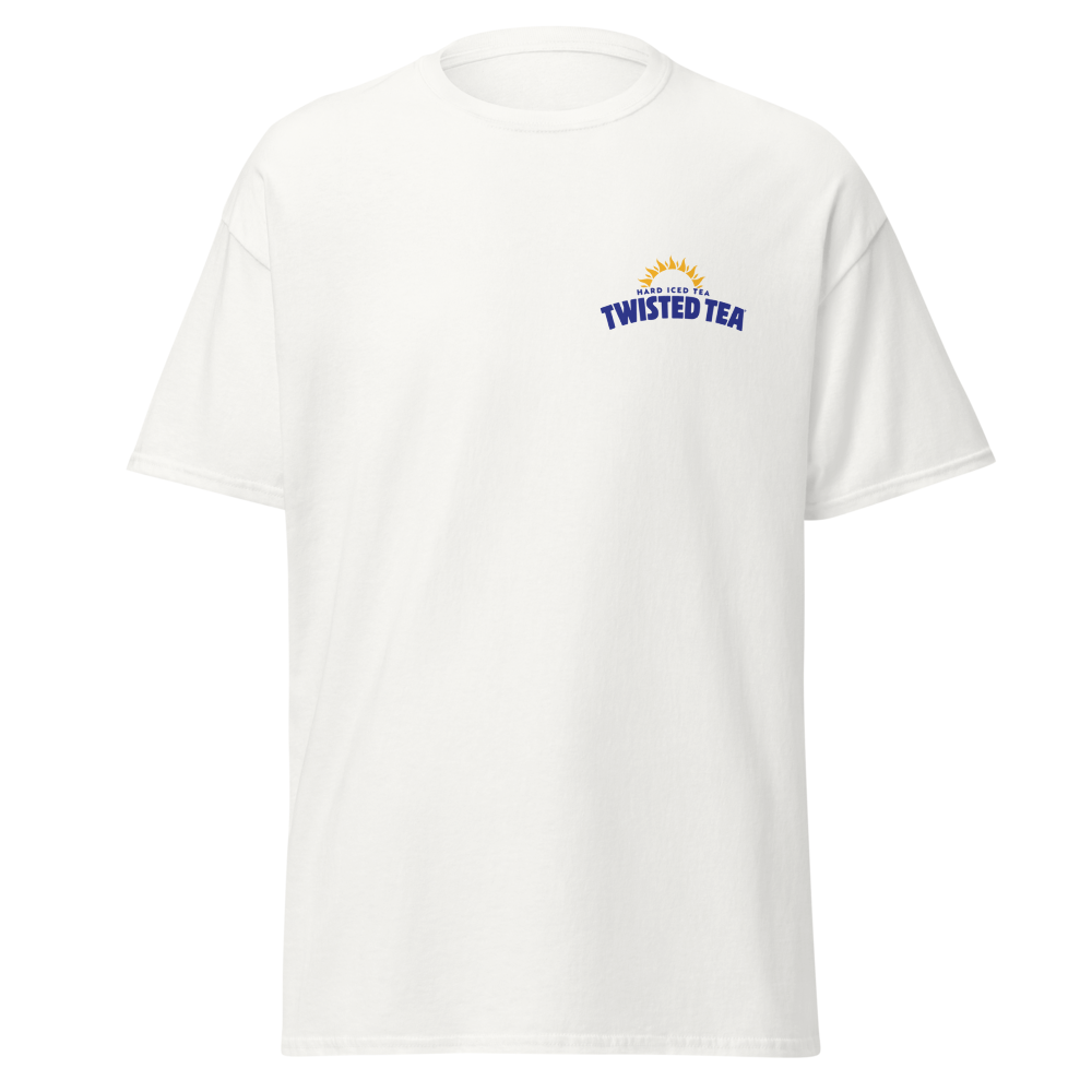 White t-shirt with a small logo on the chest against a white background