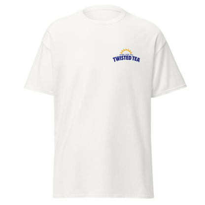 White t-shirt with a small logo on the chest against a white background