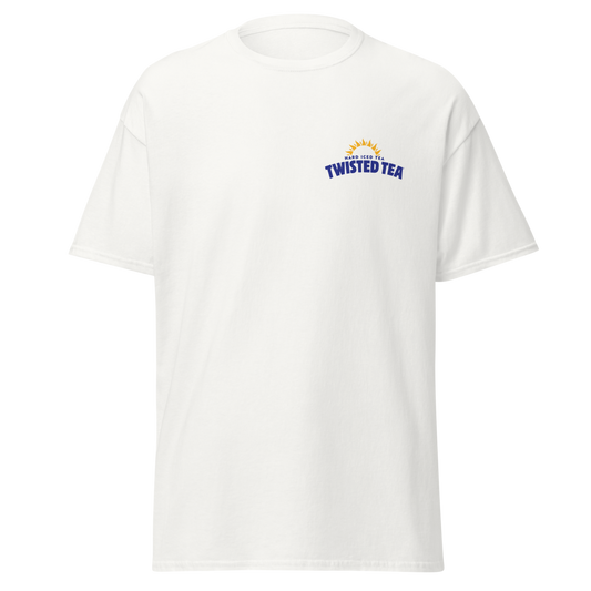 White t-shirt with a small logo on the chest against a white background
