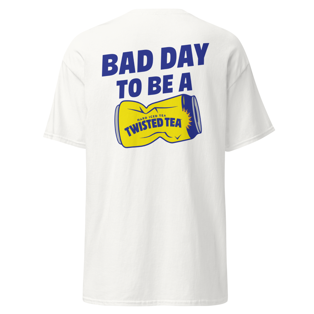 White short-sleeve t-shirt shown from the back, featuring a bold graphic print in blue and yellow. The graphic reads 'BAD DAY TO BE A' above a yellow can-shaped design with 'TWISTED TEA' written on it.