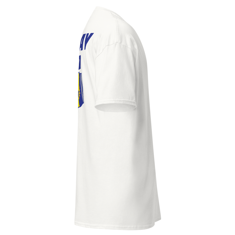 A white short-sleeve crewneck t-shirt shown from a side profile view, featuring a blue and yellow graphic print on the upper back.