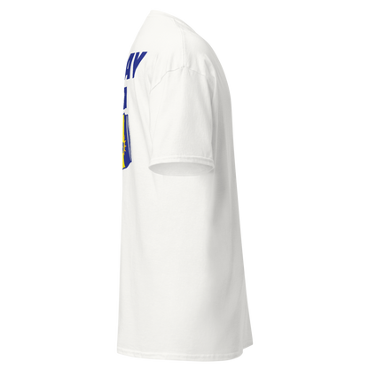 A white short-sleeve crewneck t-shirt shown from a side profile view, featuring a blue and yellow graphic print on the upper back.