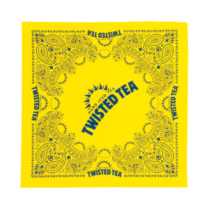 Yellow bandana with Twisted Tea logo and paisley patterns on a white background