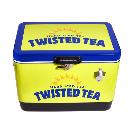 A Twisted Tea branded steel cooler shown from the front with the lid closed. The cooler has a yellow body with a black base and a bright blue lid. The top and front display the Twisted Tea logo in large blue text with a stylized yellow sunburst. A metal latch is centered on the front, and a silver bottle opener is mounted on the right side of the cooler.