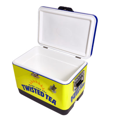 An open Twisted Tea steel cooler shown from an angled front view. The cooler has a yellow exterior with blue Twisted Tea branding and a black base. The inside is fully white and insulated, with the lid lifted to reveal the interior. A metal bottle opener is attached to the front right side, and a silver side handle with a black grip is visible.