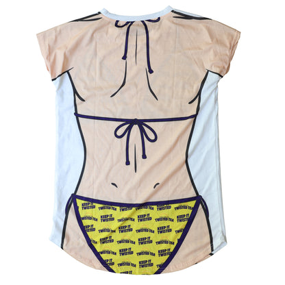 Back of white swim cover up with a cartoon body illustration of a person wearing a twisted tea bikini, patterned with keep it twisted logos