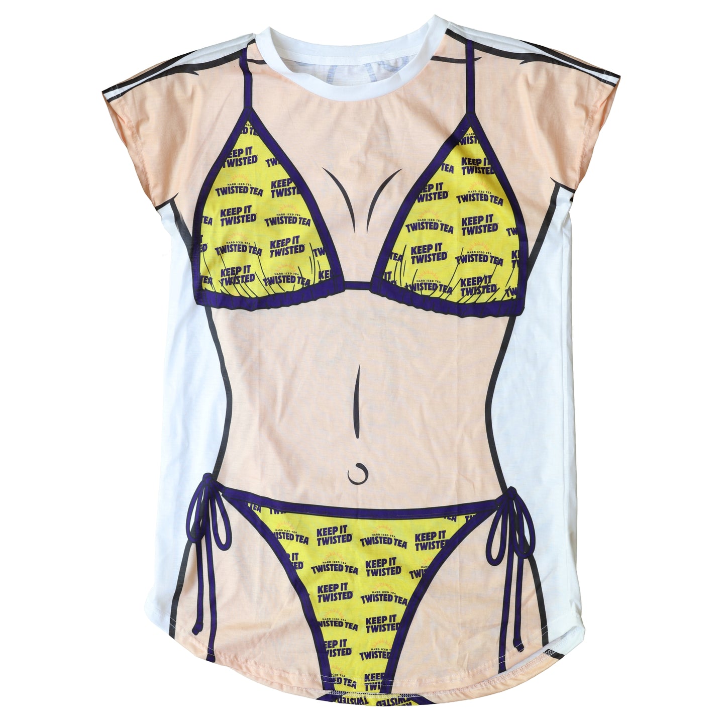 White swim cover up with a cartoon body illustration of a person wearing a twisted tea bikini, patterned with keep it twisted logos