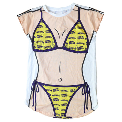 White swim cover up with a cartoon body illustration of a person wearing a twisted tea bikini, patterned with keep it twisted logos