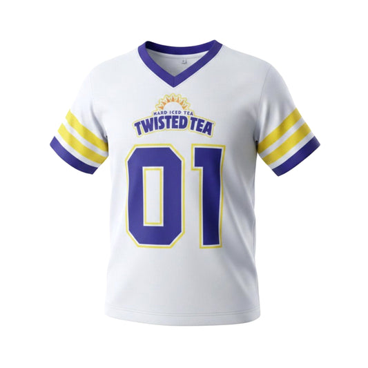 Front view of Twisted Tea football jersey in white with blue and yellow accents, featuring Hard Iced Tea logo and number 01