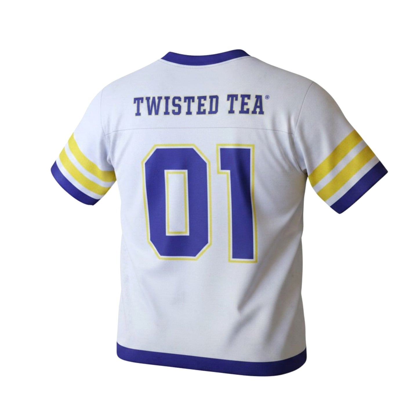 Back view of Twisted Tea football jersey in white with blue and yellow stripes, featuring “TWISTED TEA” lettering and number 01 design