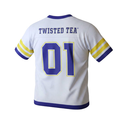 Back view of Twisted Tea football jersey in white with blue and yellow stripes, featuring “TWISTED TEA” lettering and number 01 design