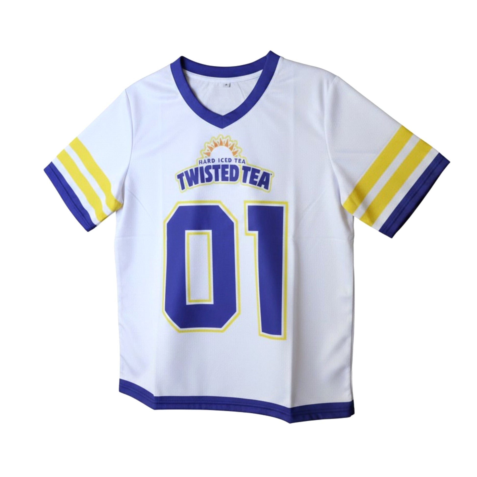 Front view of Twisted Tea football jersey in white with blue and yellow accents, featuring Hard Iced Tea logo and number 01