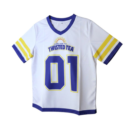 Front view of Twisted Tea football jersey in white with blue and yellow accents, featuring Hard Iced Tea logo and number 01