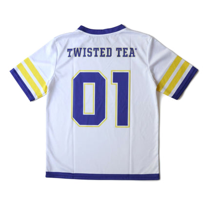 Back view of Twisted Tea football jersey in white with blue and yellow stripes, featuring “TWISTED TEA” lettering and number 01 design