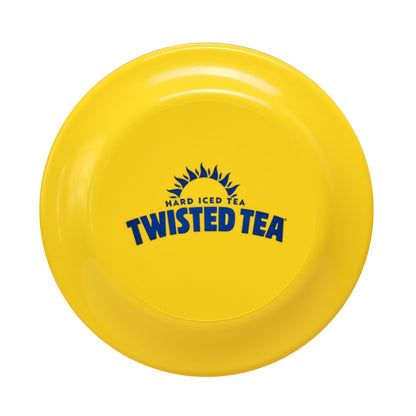 Yellow frisbee with 'Twisted Tea' logo on a white background