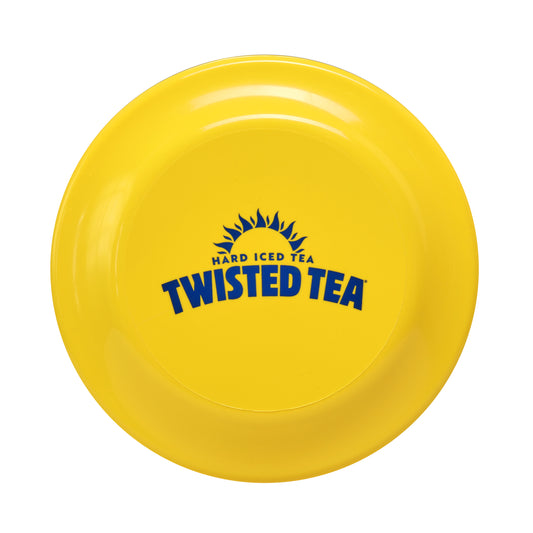 Yellow frisbee with 'Twisted Tea' logo on a white background