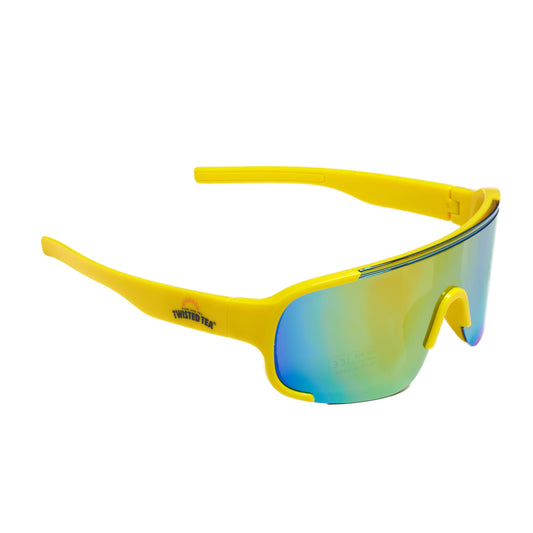 Yellow sunglasses with blue-tinted lenses on a white background