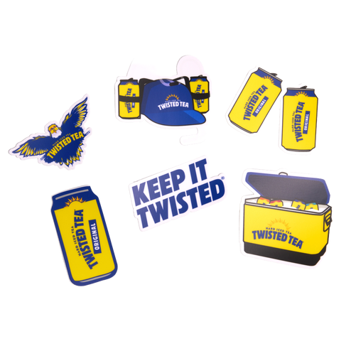 Image of six assorted stickers featuring a blue teagle, two small twisted tea cans together, one large twisted tea can, a "keep it twisted" sticker in blue, a yellow twisted tea cooler with cans in it, and a blue twisted tea drinking helmet.