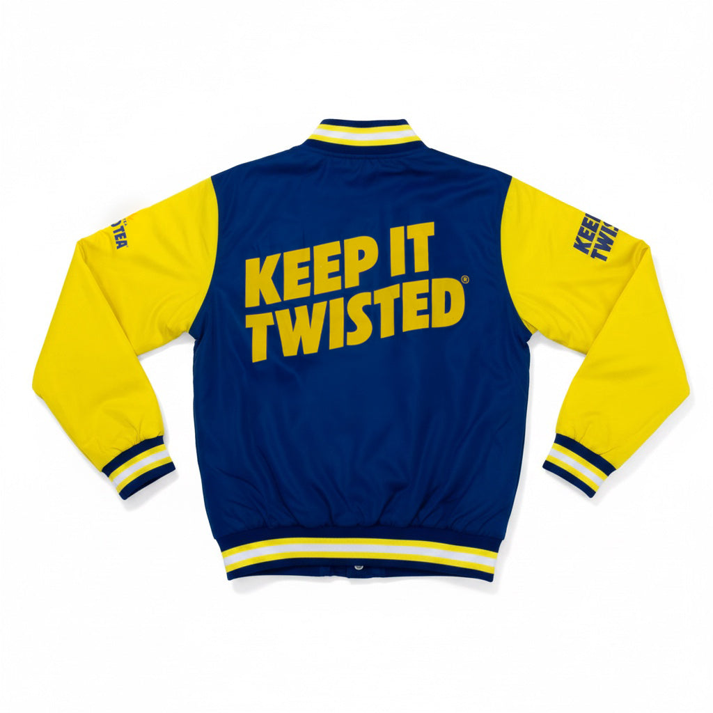 A navy blue and yellow varsity-style jacket shown from the back, featuring the words 'KEEP IT TWISTED' in large yellow letters across the center back, with yellow sleeves and navy ribbed trim.