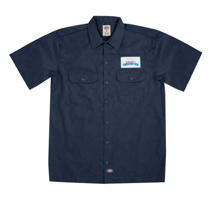 Navy work shirt with a logo on a white background