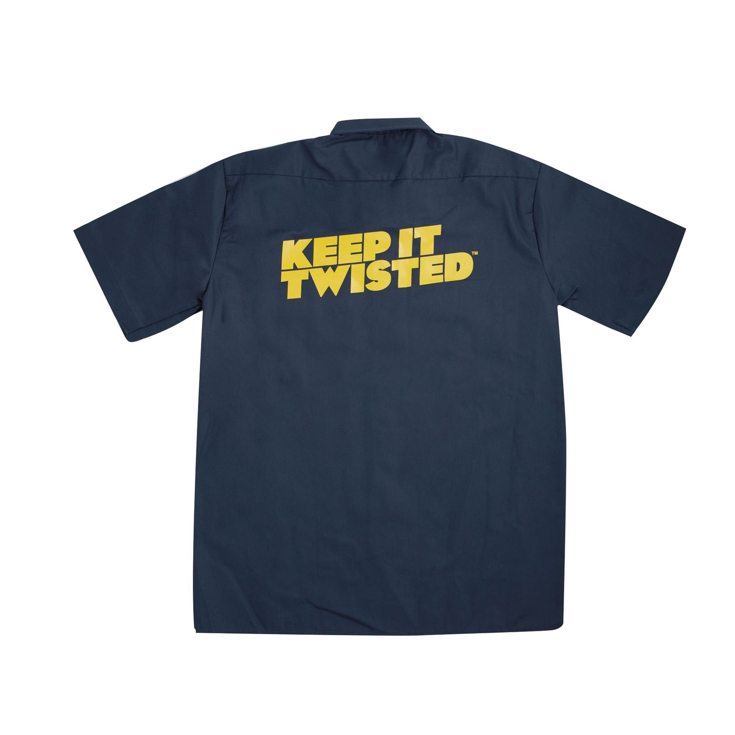 Navy blue shirt with 'KEEP IT TWISTED' text in yellow on a white background