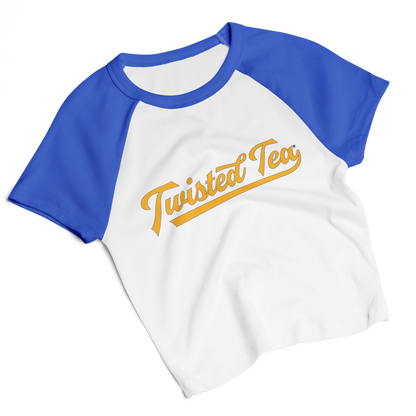 Baseball baby tee with blue sleeve and white body Twisted Tea script text
