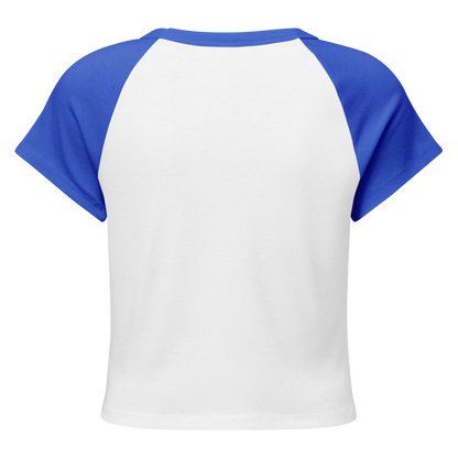 Baseball baby tee with blue sleeve and white body.