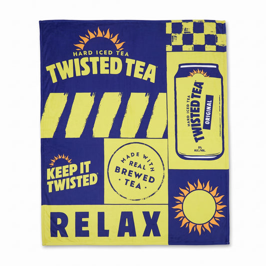 A square textile featuring a bold Twisted Tea graphic design in navy blue and bright yellow, with text including 'TWISTED TEA,' 'RELAX,' 'KEEP IT TWISTED,' and 'MADE WITH REAL BREWED TEA.'.