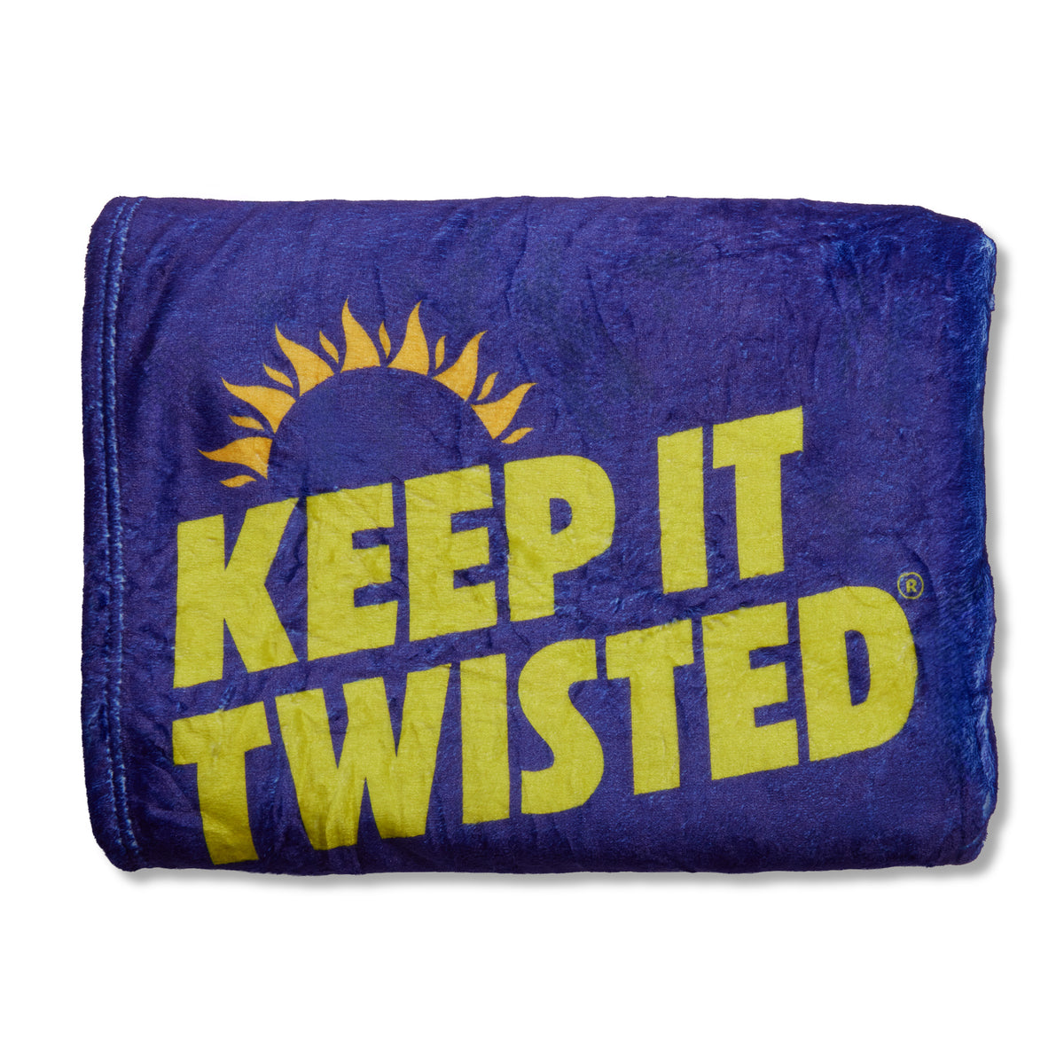 A folded blue fleece blanket featuring a yellow sun graphic and the text 'KEEP IT TWISTED' in bold yellow letters, shown against a plain white background.