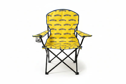Yellow folding chair with 'Twisted Tea' branding on a white background
