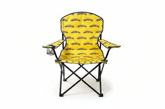 Yellow folding chair with 'Twisted Tea' branding on a white background