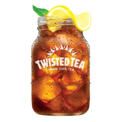 Clear mason jar with a white twisted tea hard iced tea logo on it, filled with twisted tea and ice, garnished with lemon wheel and leaf