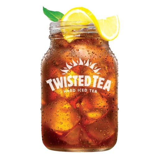 Clear mason jar with a white twisted tea hard iced tea logo on it, filled with twisted tea and ice, garnished with lemon wheel and leaf
