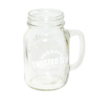Clear white mason jar with a handle and a white twisted tea hard iced tea logo 