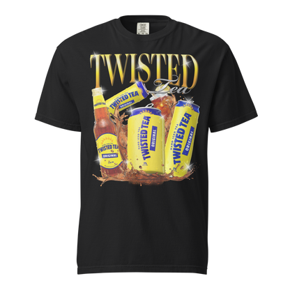 Black Twisted Tea T‑shirt featuring large gold “Twisted Tea” lettering and a graphic of Twisted Tea Original cans and bottle splashing with iced tea.
