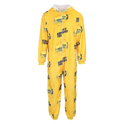Yellow onesie with a repetition pattern of twisted tea cans and the slogan keep it twisted all over the onesie 
