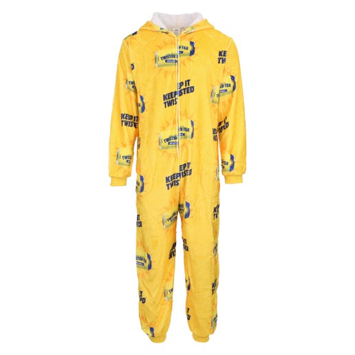 Yellow onesie with a repetition pattern of twisted tea cans and the slogan keep it twisted all over the onesie 