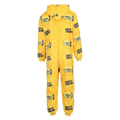 Yellow onesie with a repetition pattern of twisted tea cans and the slogan keep it twisted all over the onesie