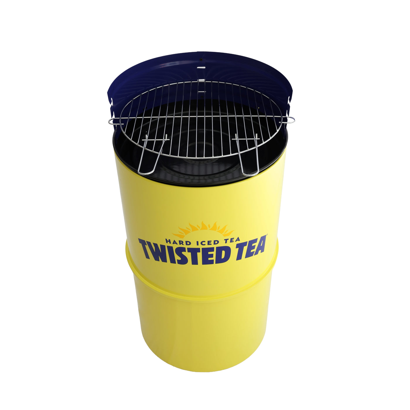Twisted Tea barrel grill with bright yellow body and blue lid, outdoor charcoal drum grill with a classic Twisted Tea logo 