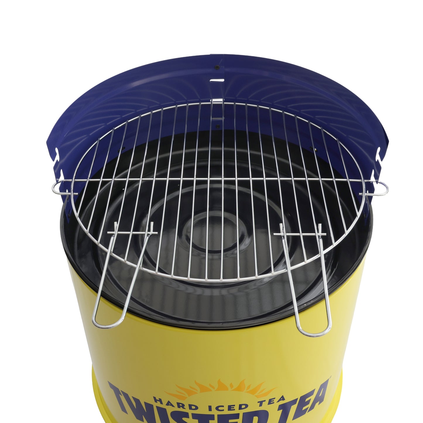 Twisted Tea barrel grill with bright yellow body and blue lid, outdoor charcoal drum grill with a classic Twisted Tea logo 