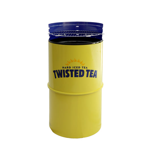 Twisted Tea barrel grill with bright yellow body and blue lid, outdoor charcoal drum grill with a classic Twisted Tea logo 