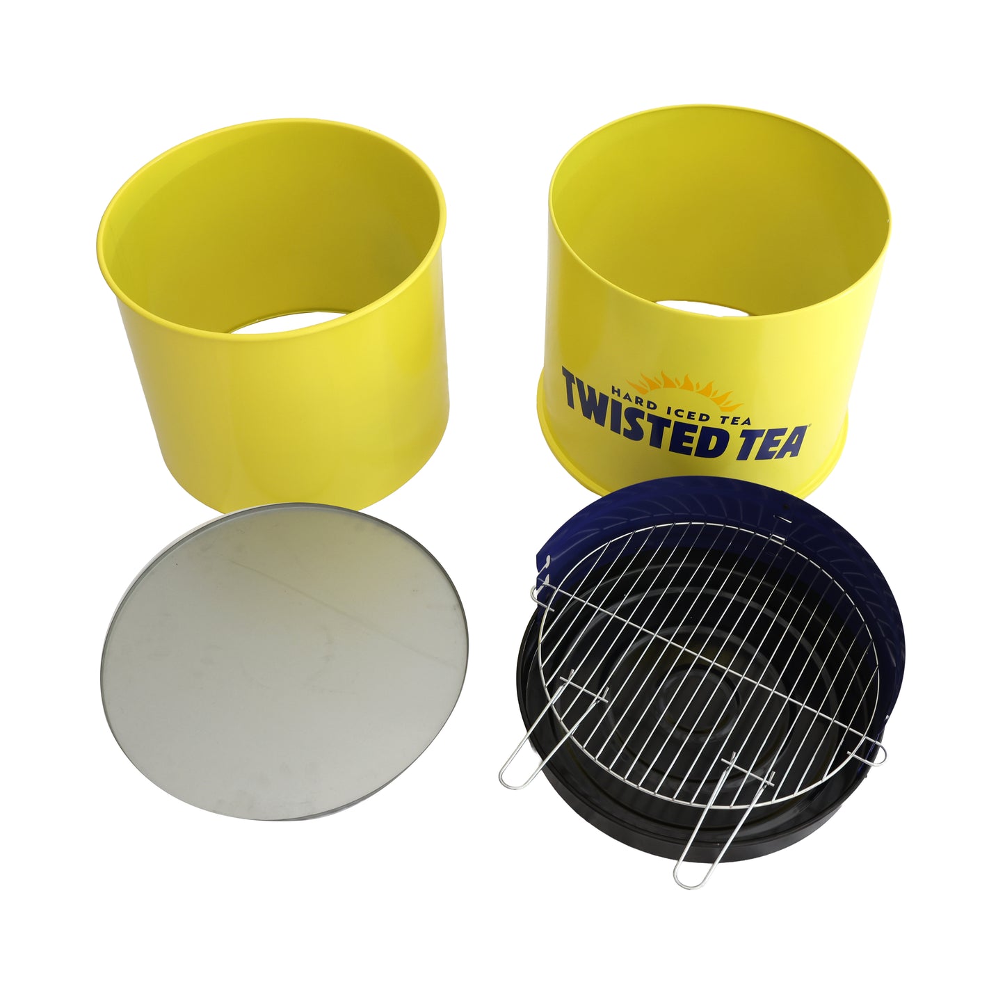 Twisted Tea barrel grill disassembled with drum sections, metal lid and cooking grate, portable charcoal BBQ grill components for easy assembly