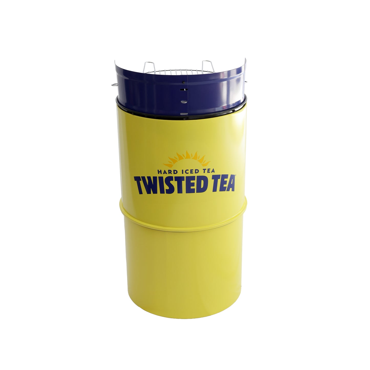 Twisted Tea barrel grill with bright yellow body and blue lid, outdoor charcoal drum grill with a classic Twisted Tea logo 
