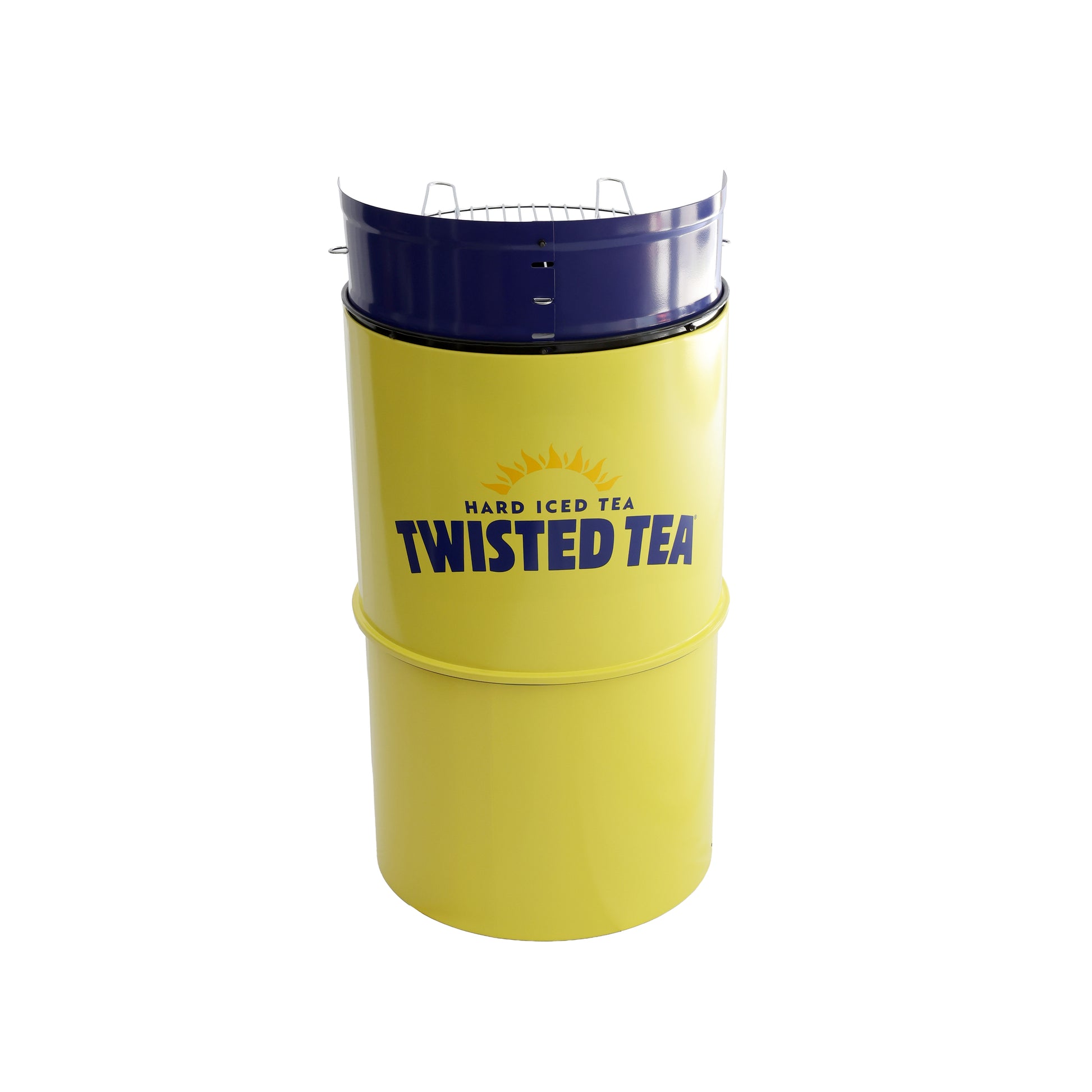 Twisted Tea barrel grill with bright yellow body and blue lid, outdoor charcoal drum grill with a classic Twisted Tea logo 