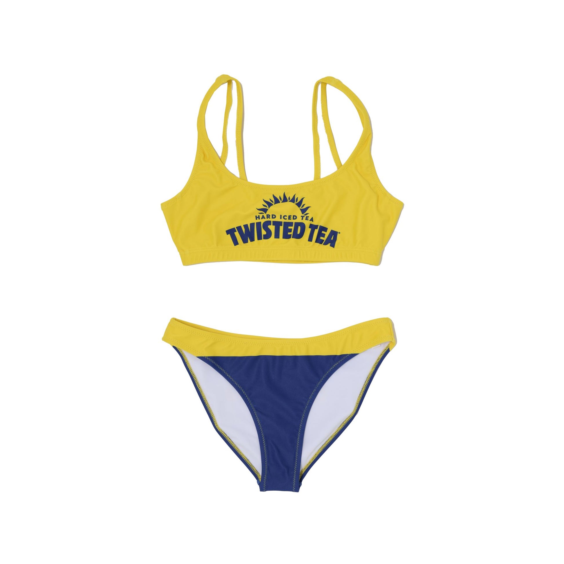 Yellow and blue bikini set with 'Twisted Tea' branding on a white background