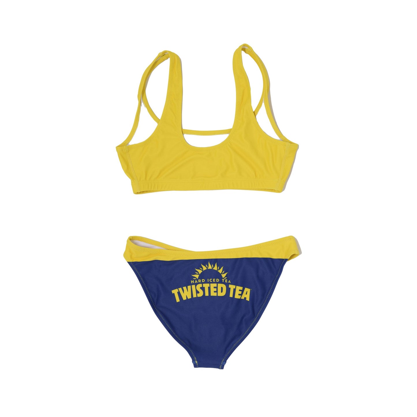 Yellow and blue bikini set with 'Twisted Tea' branding on a white background