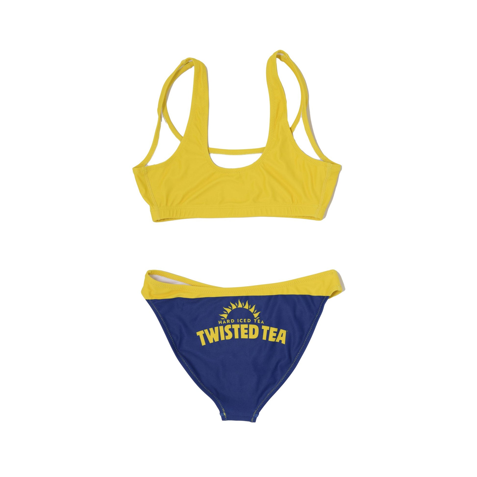 Yellow and blue bikini set with 'Twisted Tea' branding on a white background